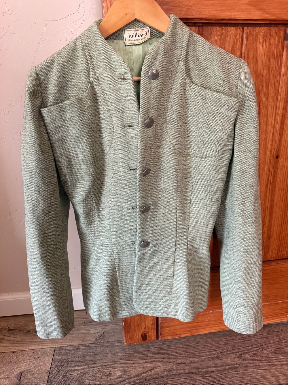 Vintage Juilliard 100% Virgin Wool Sage Green Jacket Buffalo Nickel Buttons EUC